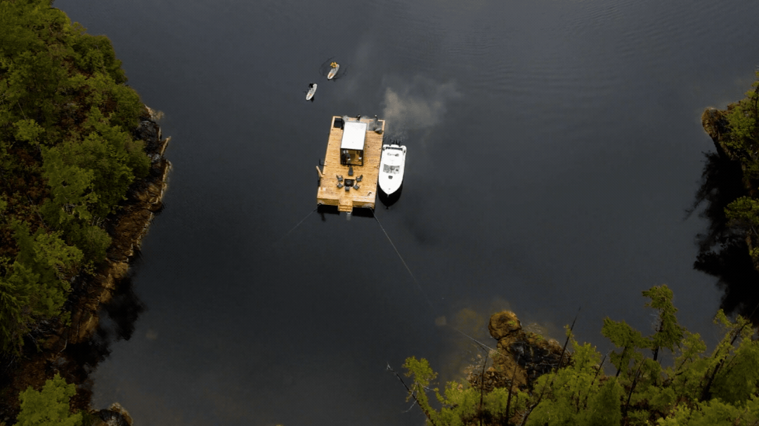 A remmote sauna in the middle of Clayoquot Sound from above